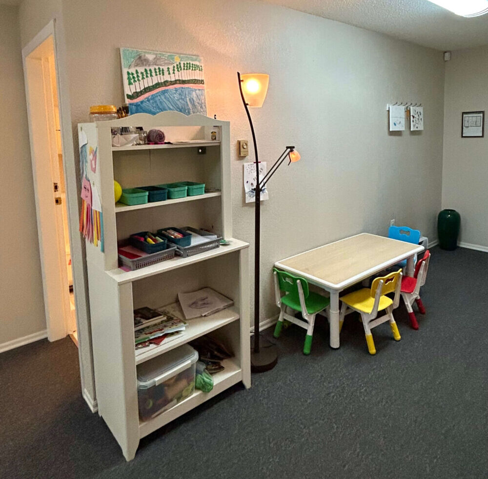 Children's Playroom with a Shelf and Kids Craft Table.